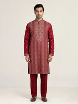 Maroon silk blend mens kurta suit with elegant sequined butti work