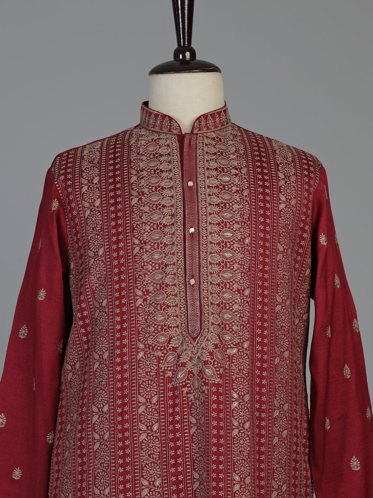Maroon silk blend mens kurta suit with elegant sequined butti work