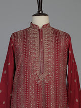 Maroon silk blend mens kurta suit with elegant sequined butti work