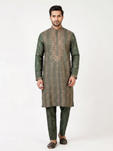 Green silk blend mens kurta suit with intricate butti detailing