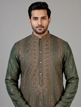 Green silk blend mens kurta suit with intricate butti detailing