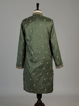 Green silk blend mens kurta suit with intricate butti detailing