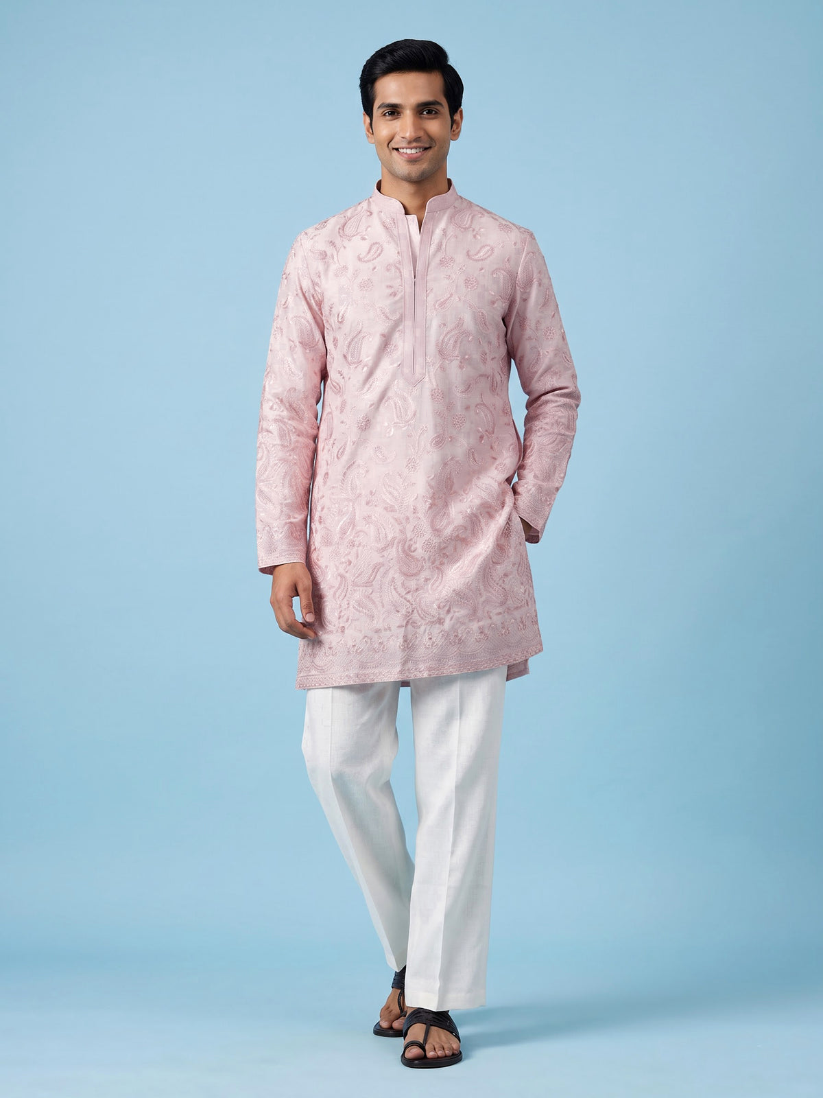 Light pink linen mens kurta suit with delicate sequin embroidery
