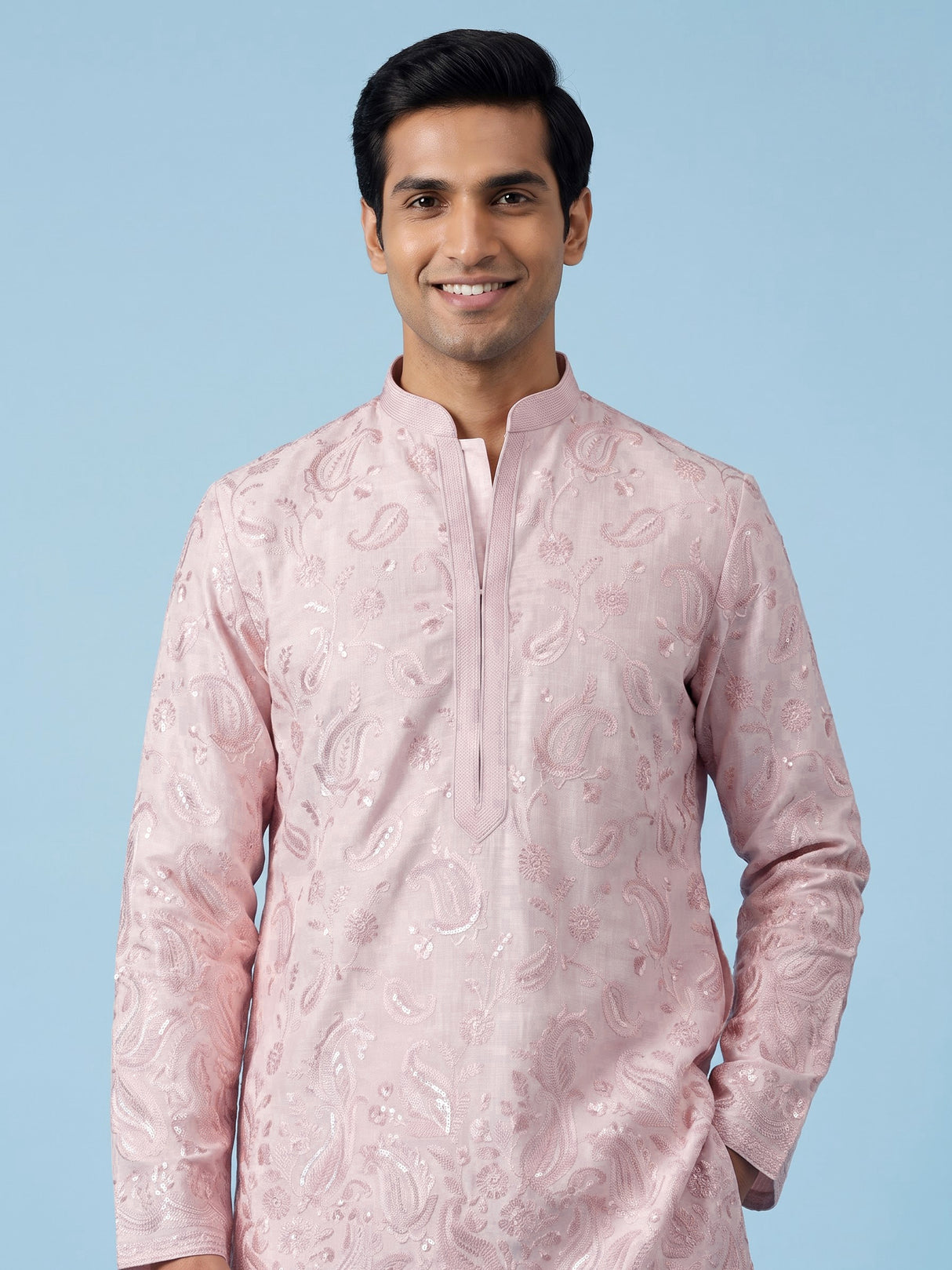 Light pink linen mens kurta suit with delicate sequin embroidery