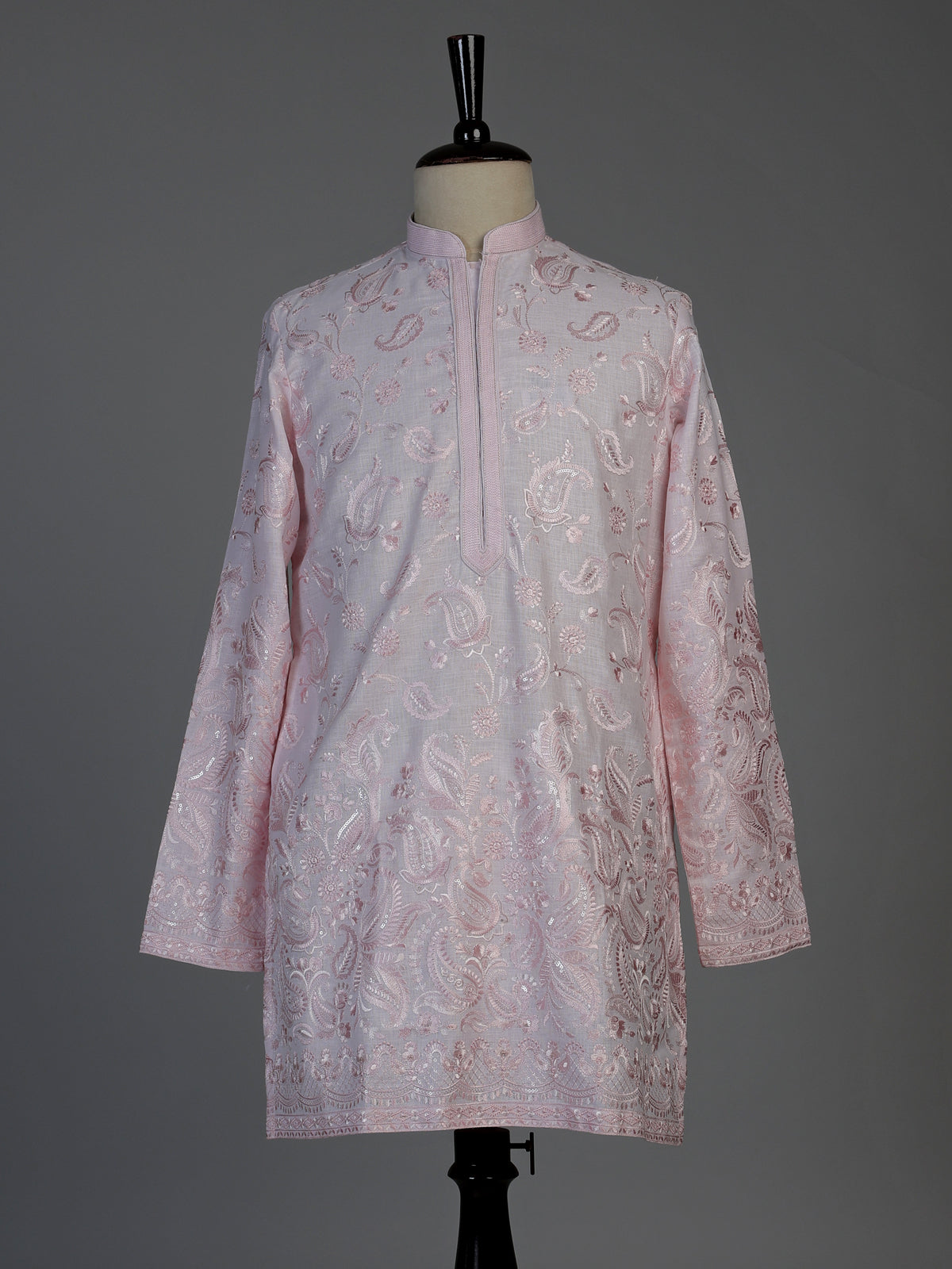 Light pink linen mens kurta suit with delicate sequin embroidery