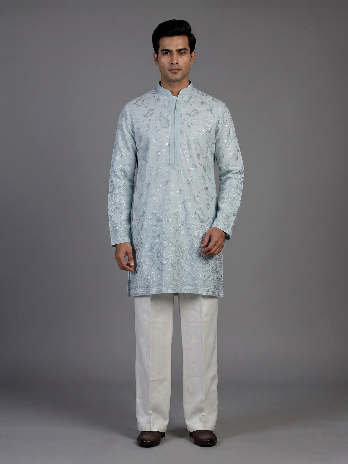 Mint blue linen mens kurta suit with elegant embroidery and sequins