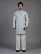 Mint blue linen mens kurta suit with elegant embroidery and sequins