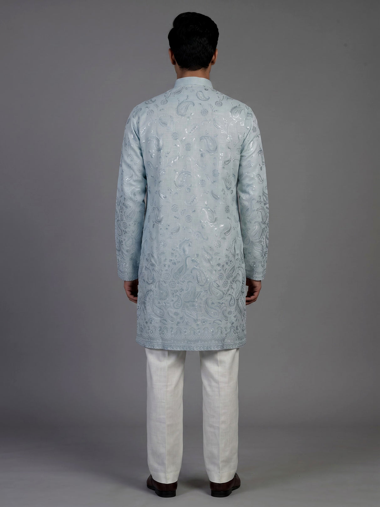 Mint blue linen mens kurta suit with elegant embroidery and sequins