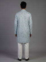 Mint blue linen mens kurta suit with elegant embroidery and sequins