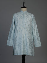 Mint blue linen mens kurta suit with elegant embroidery and sequins