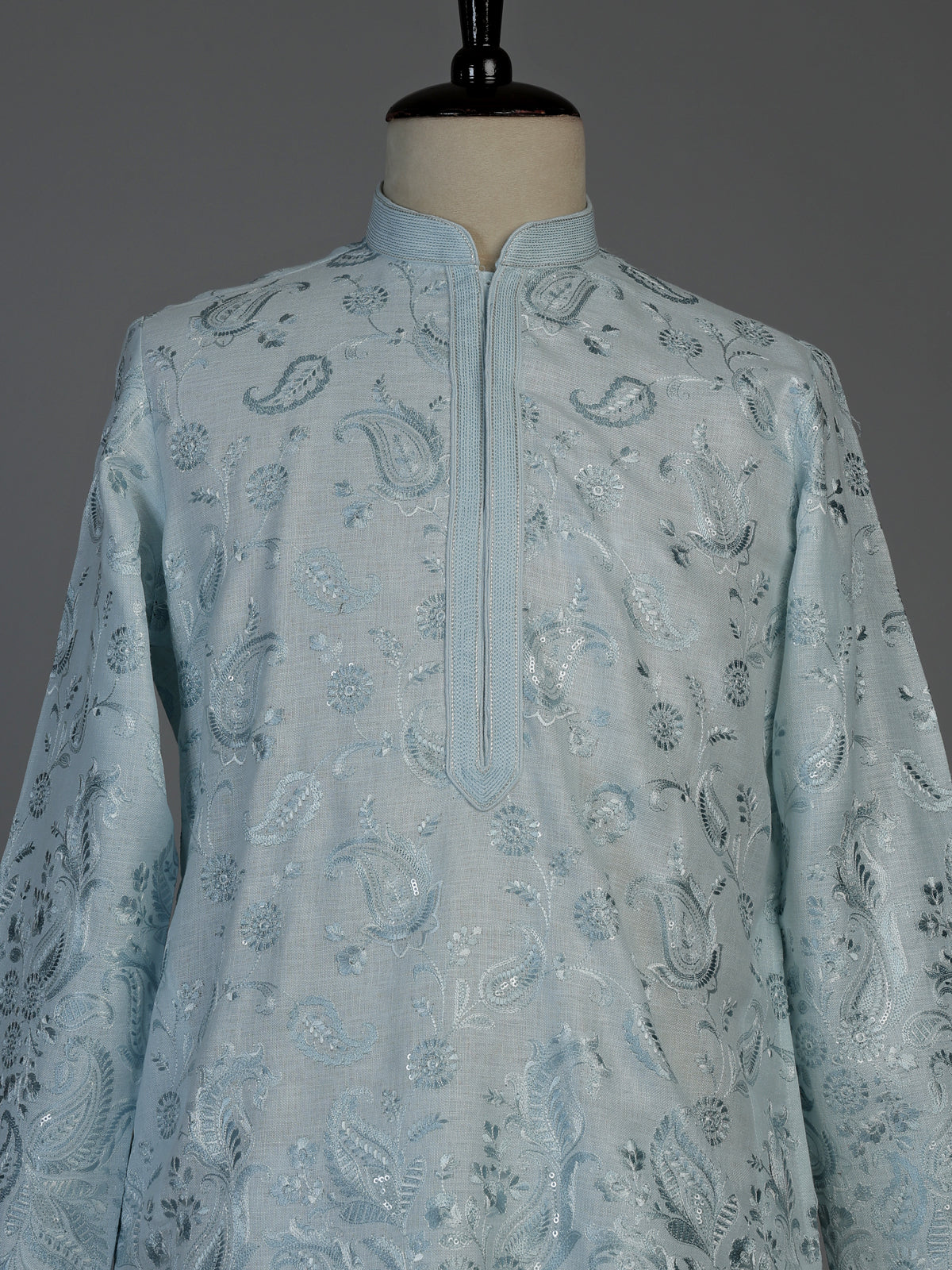 Mint blue linen mens kurta suit with elegant embroidery and sequins