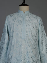 Mint blue linen mens kurta suit with elegant embroidery and sequins