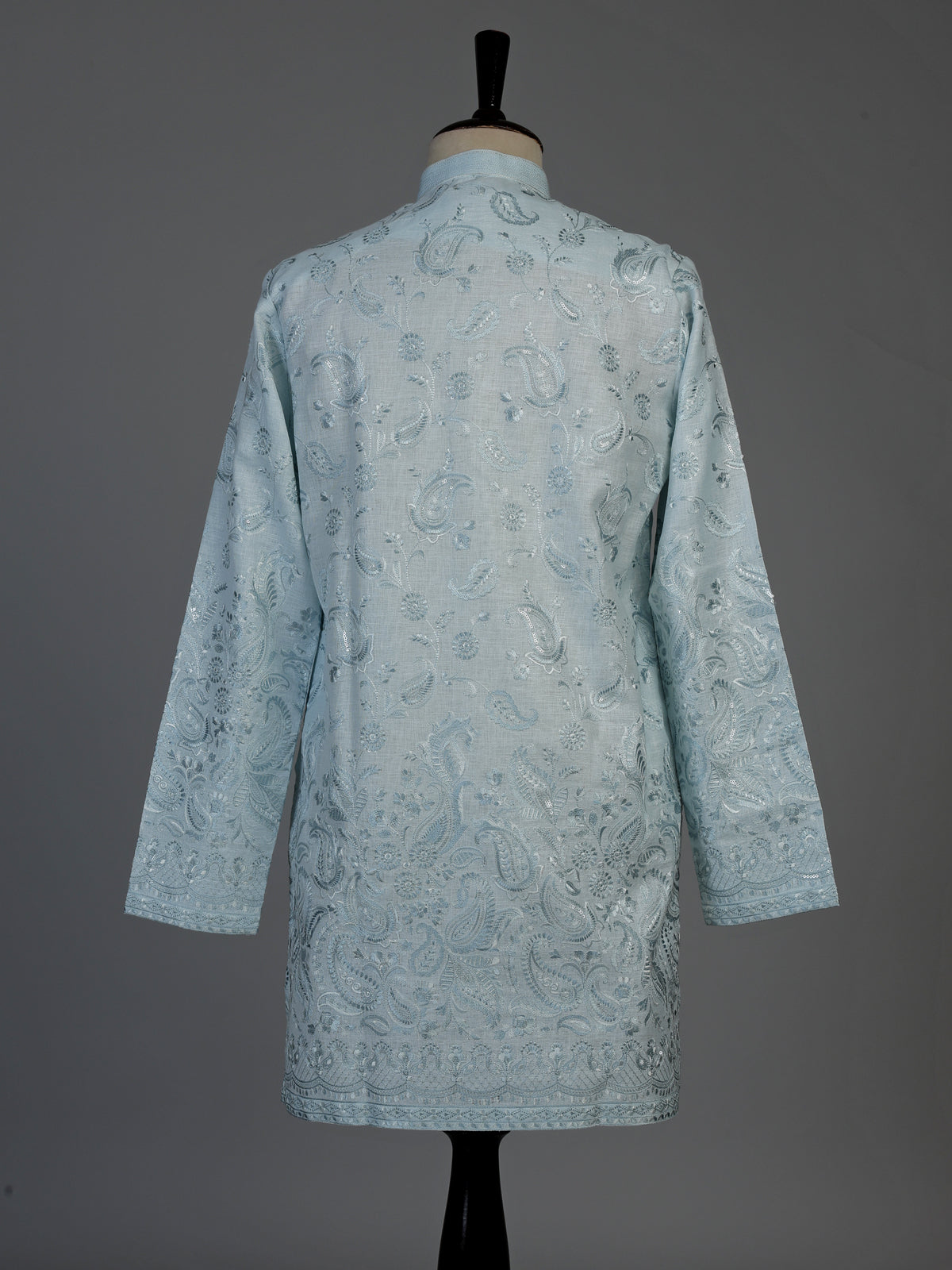 Mint blue linen mens kurta suit with elegant embroidery and sequins