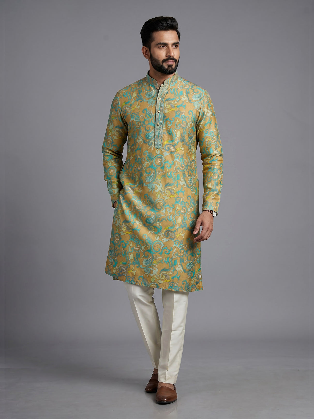 Multicolor silk blend mens kurta suit with elegant printed styling
