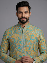 Multicolor silk blend mens kurta suit with elegant printed styling