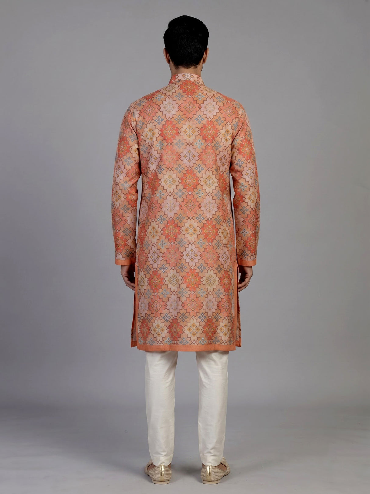 Dark peach pure silk mens kurta suit with stylish printed finish