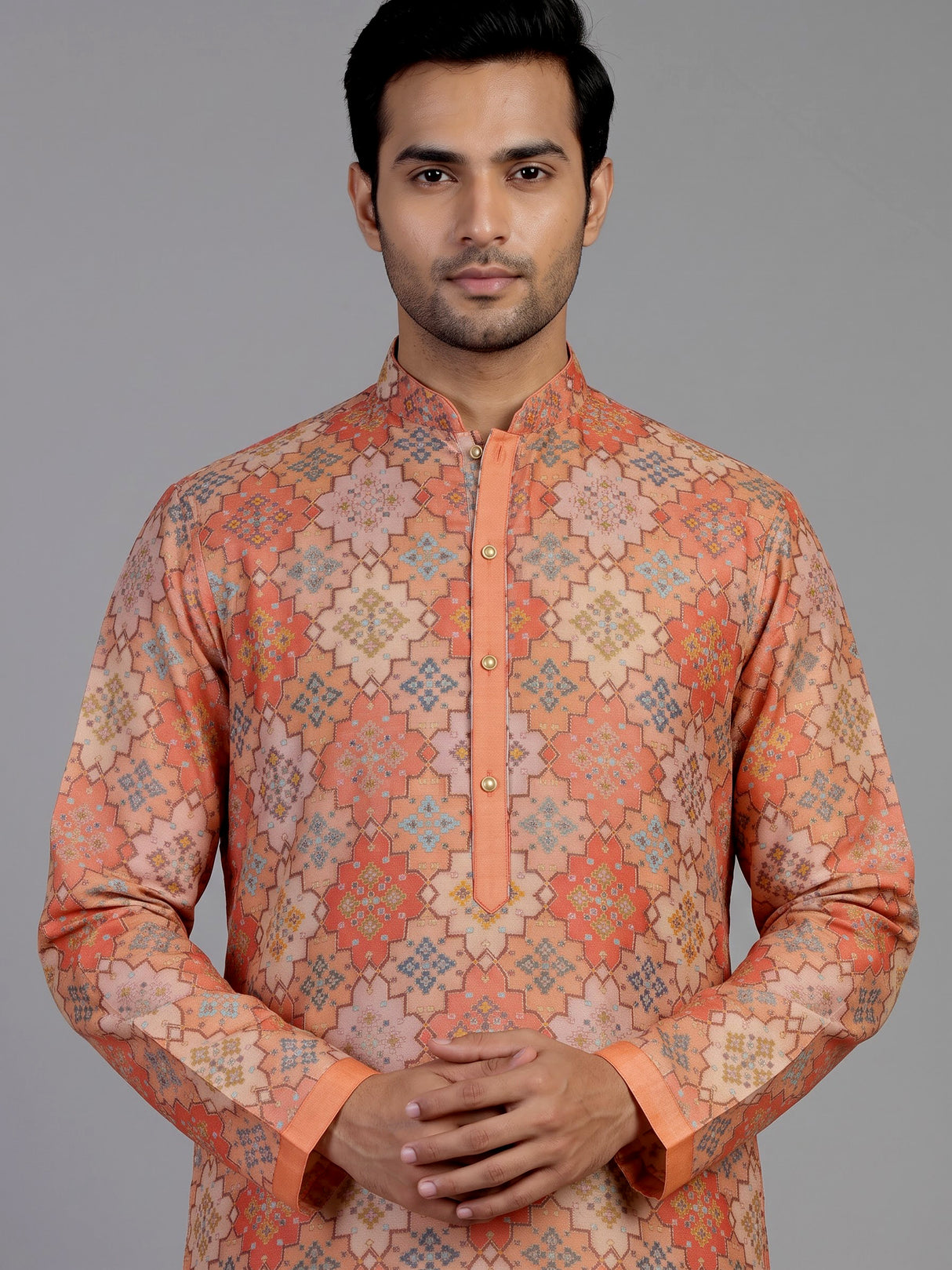 Dark peach pure silk mens kurta suit with stylish printed finish