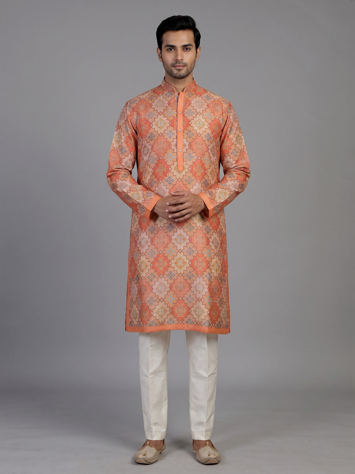 Dark peach pure silk mens kurta suit with stylish printed finish