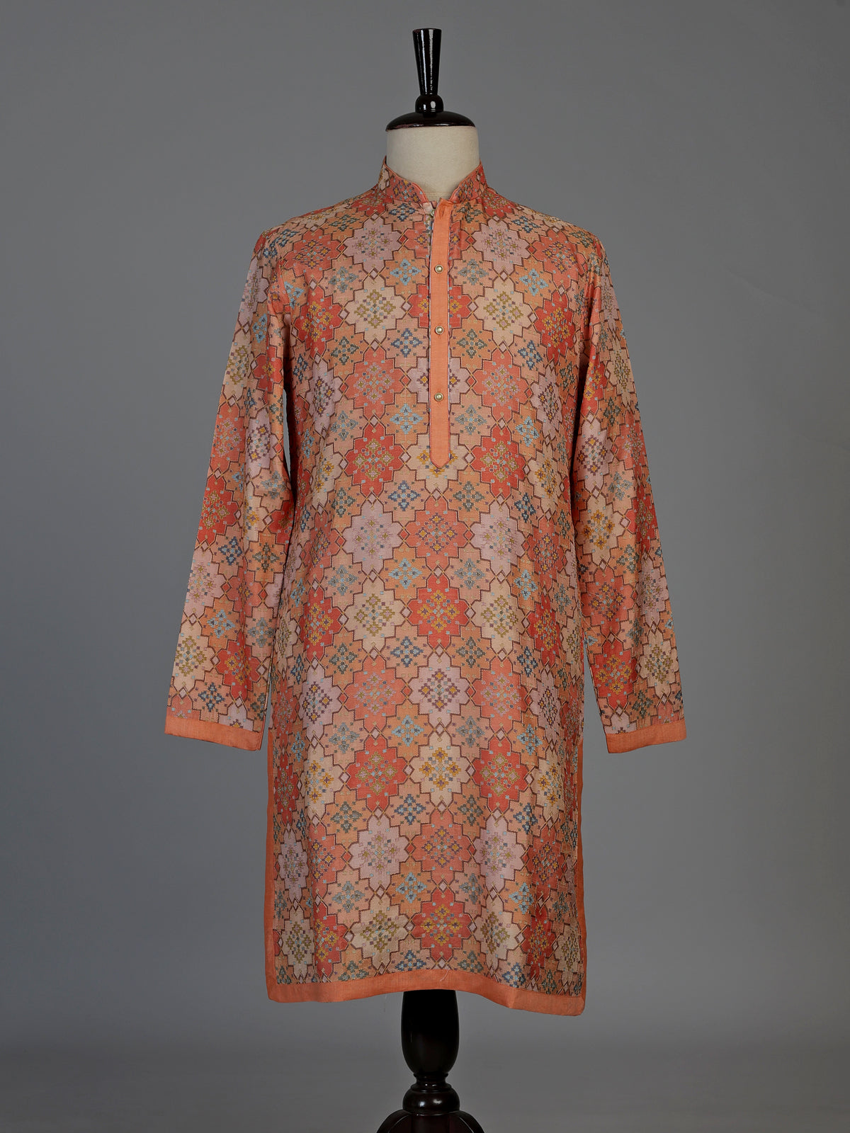 Dark peach pure silk mens kurta suit with stylish printed finish