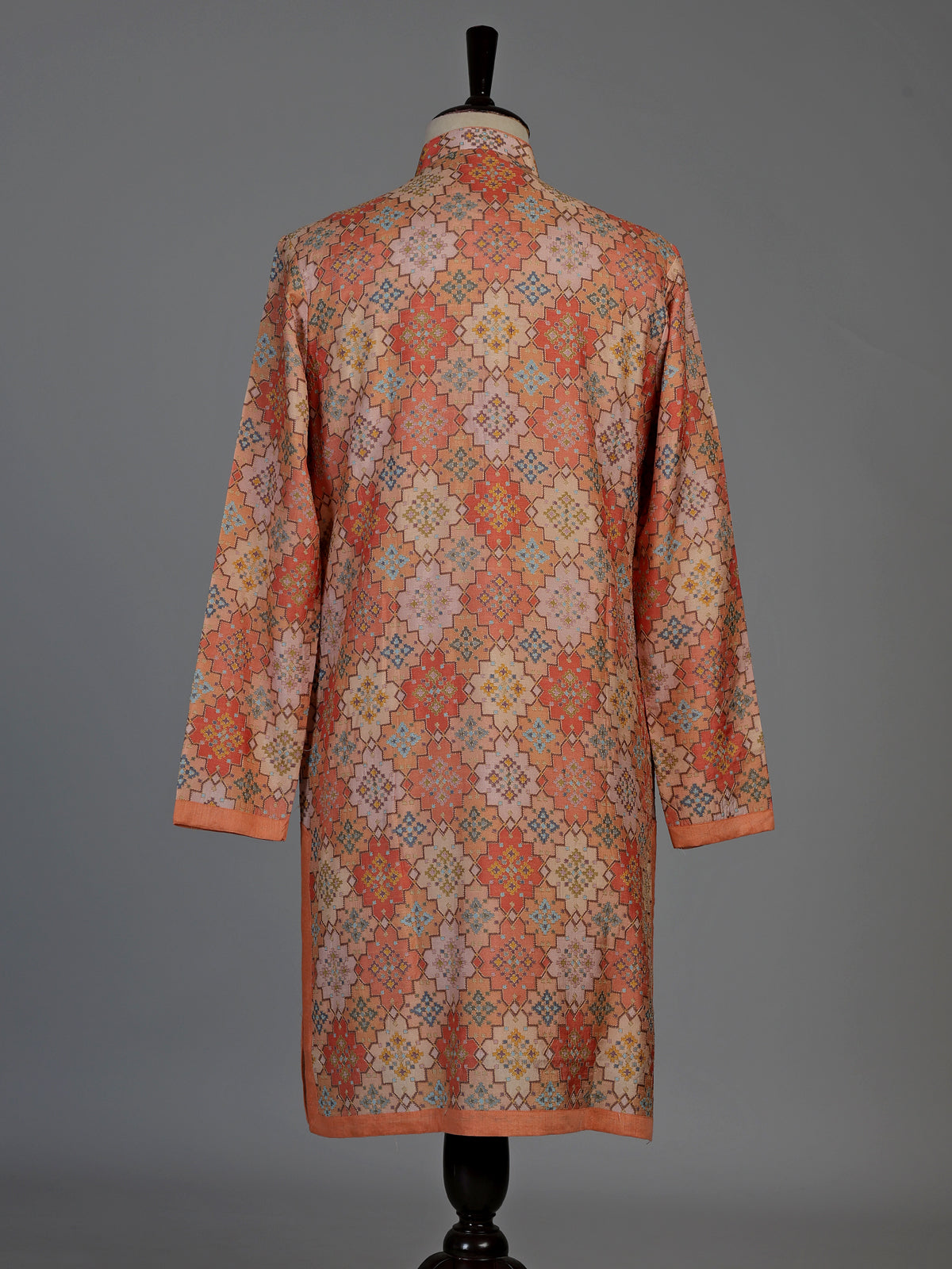 Dark peach pure silk mens kurta suit with stylish printed finish