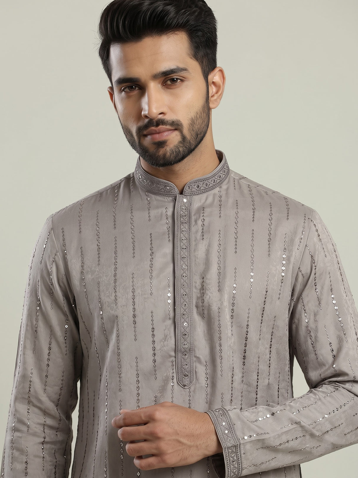 Light grey slub silk mens kurta suit with delicate sequin detailing