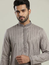 Light grey slub silk mens kurta suit with delicate sequin detailing