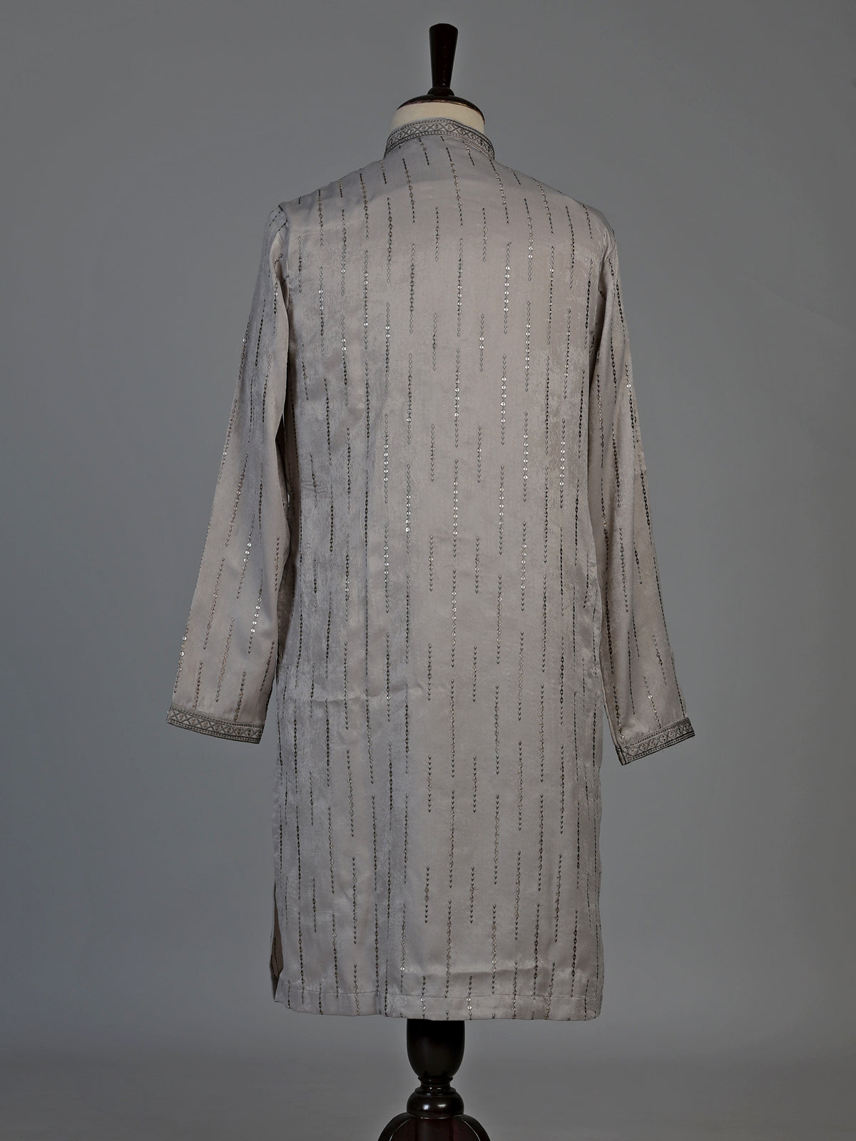 Light grey slub silk mens kurta suit with delicate sequin detailing