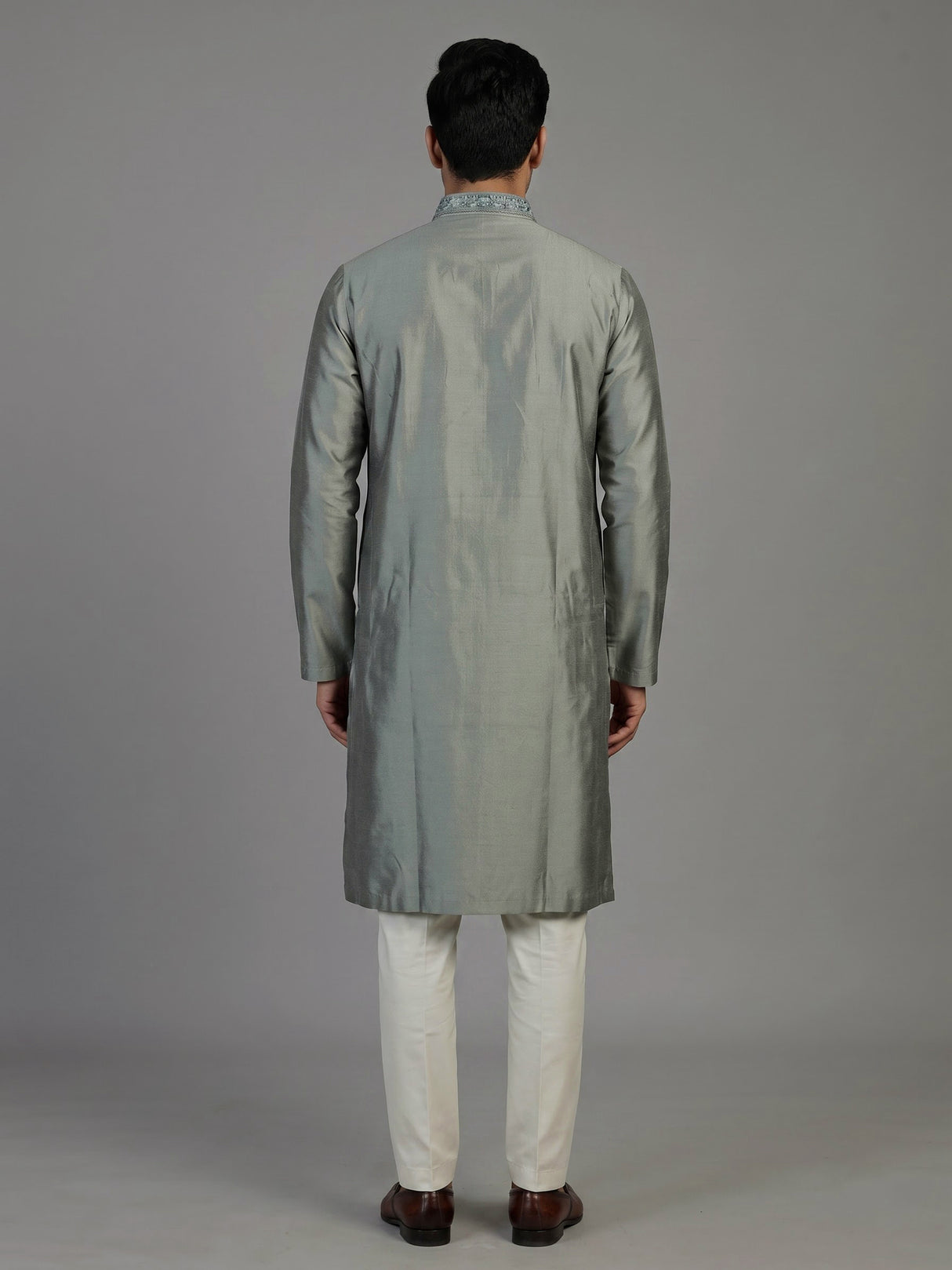Grey silk blend mens kurta suit with subtle thread and sequin work