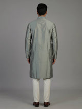 Grey silk blend mens kurta suit with subtle thread and sequin work