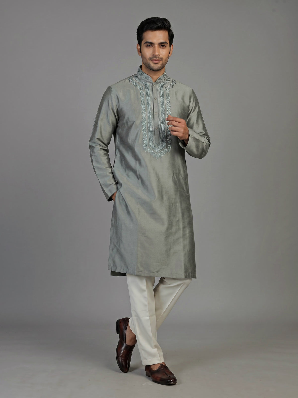 Grey silk blend mens kurta suit with subtle thread and sequin work