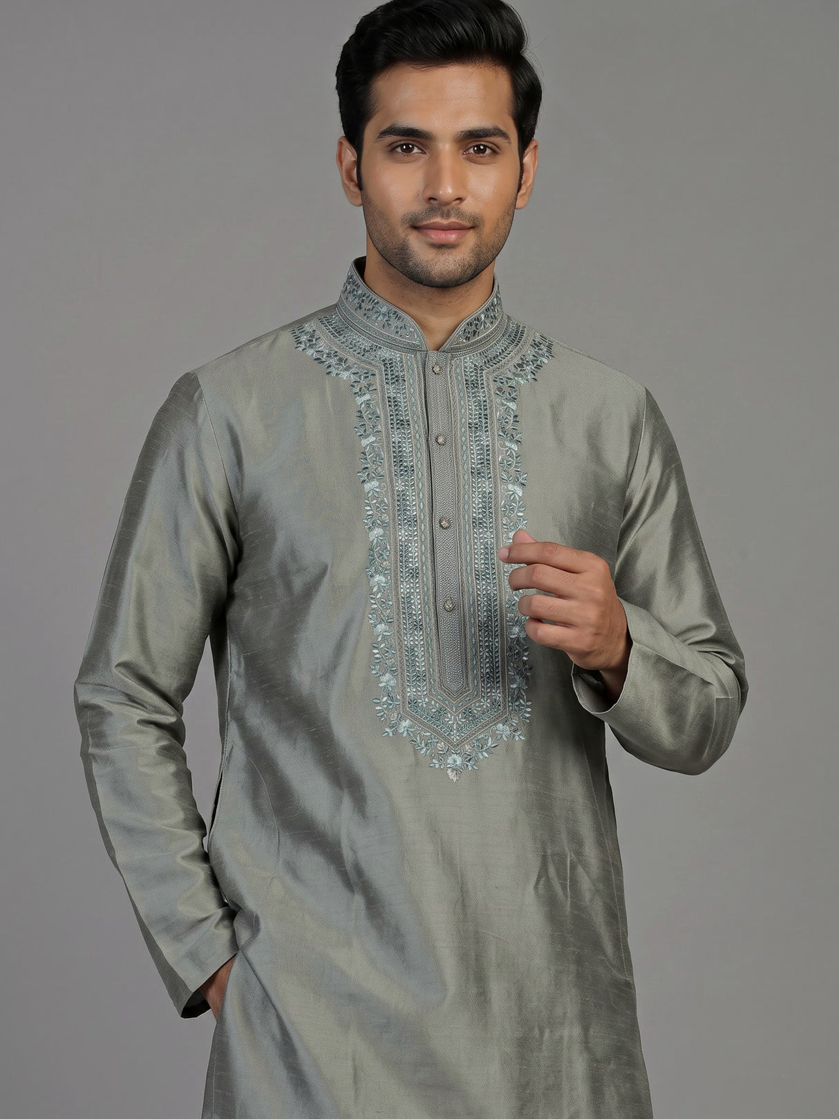 Grey silk blend mens kurta suit with subtle thread and sequin work