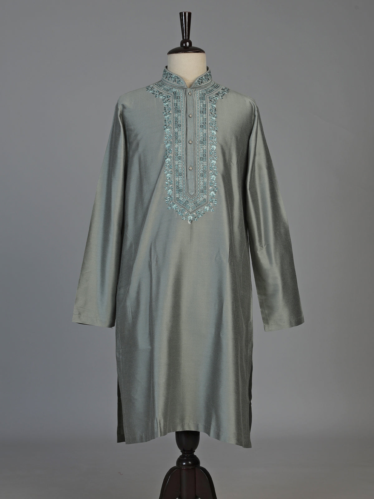Grey silk blend mens kurta suit with subtle thread and sequin work