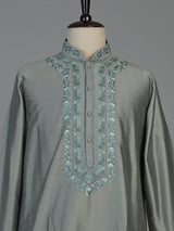 Grey silk blend mens kurta suit with subtle thread and sequin work