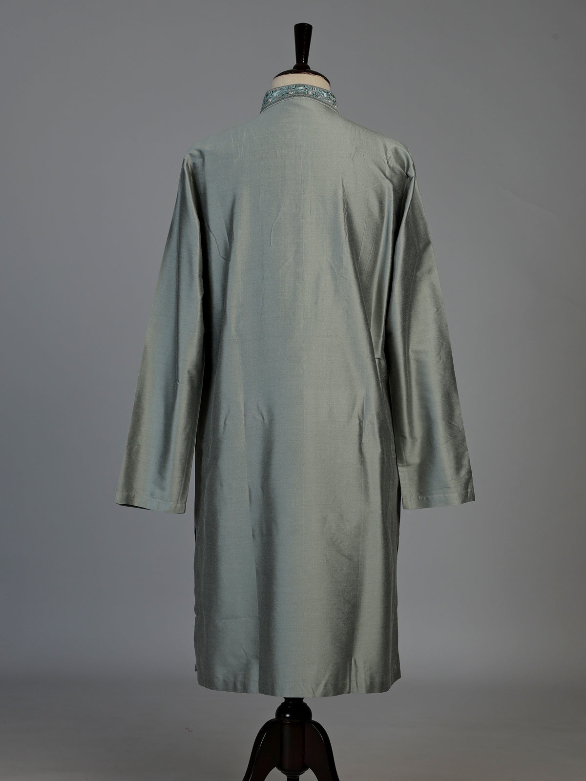 Grey silk blend mens kurta suit with subtle thread and sequin work