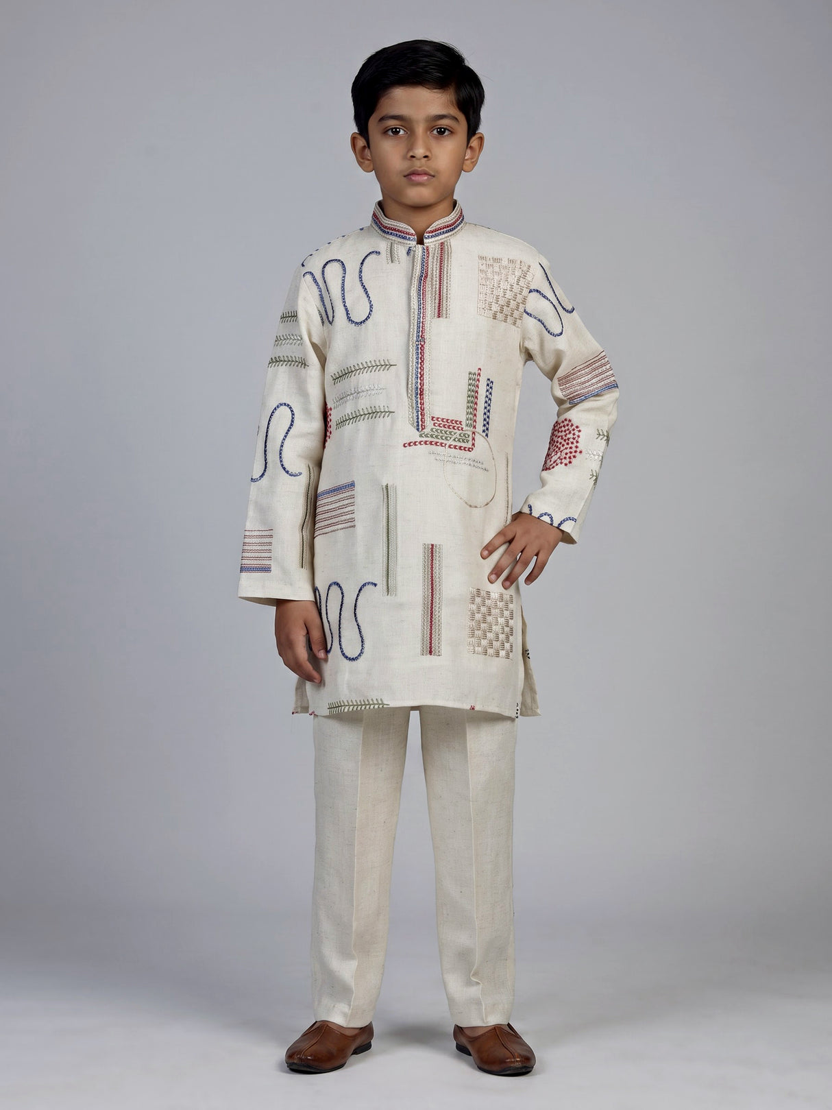 Cream folk kantha embroidered boys kurta suit