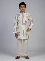 Cream folk kantha embroidered boys kurta suit
