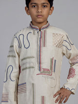Cream folk kantha embroidered boys kurta suit