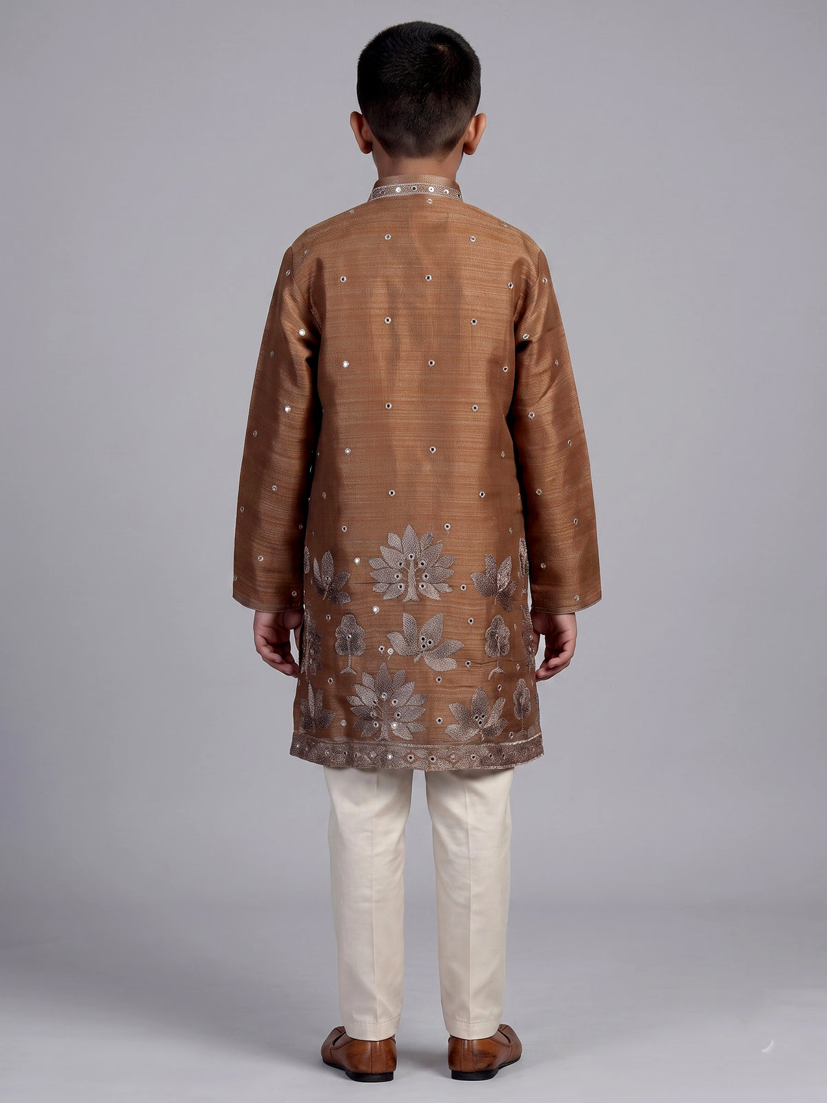 Brown heritage tree embroidered boys kurta suit
