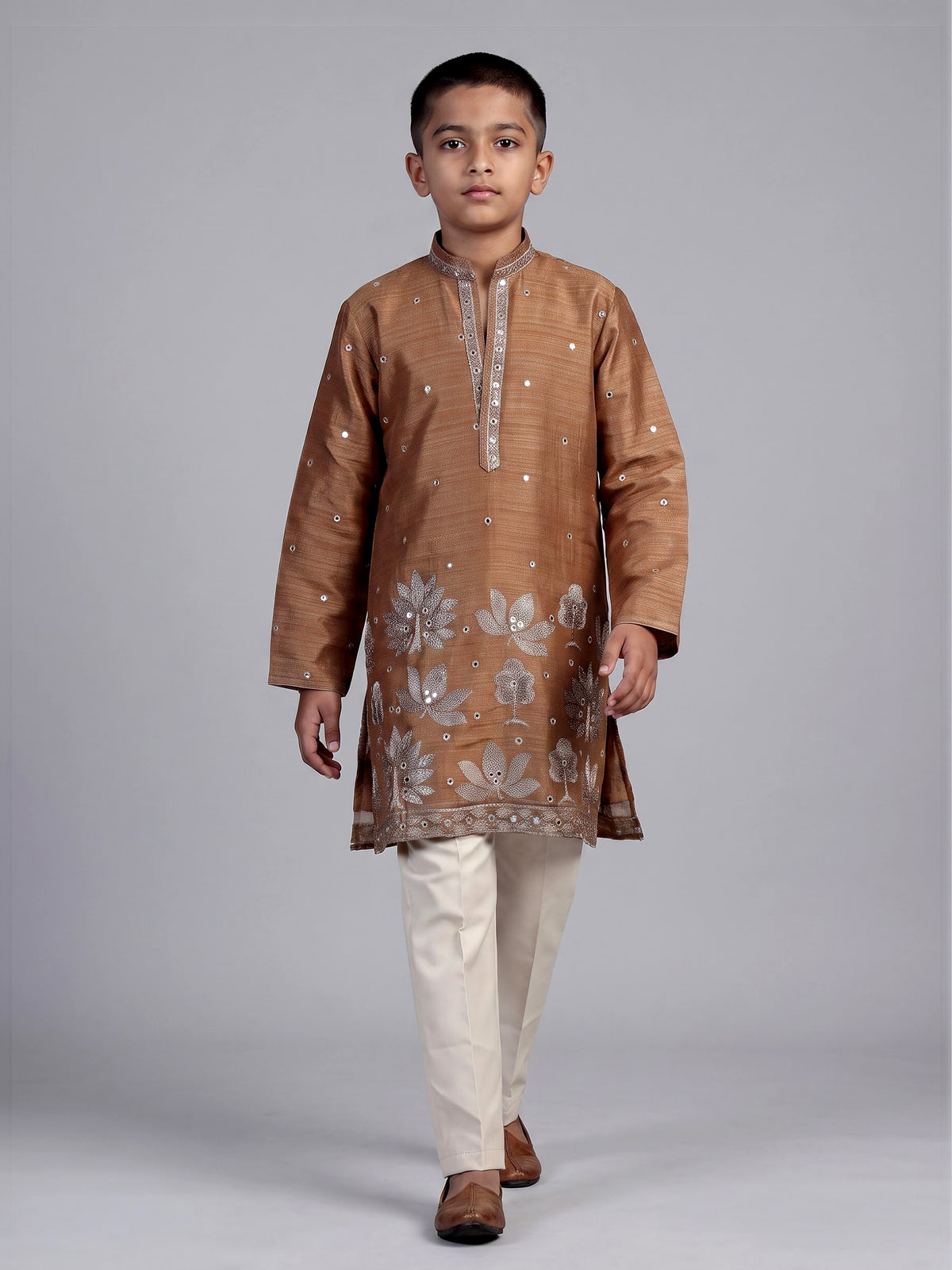 Brown heritage tree embroidered boys kurta suit