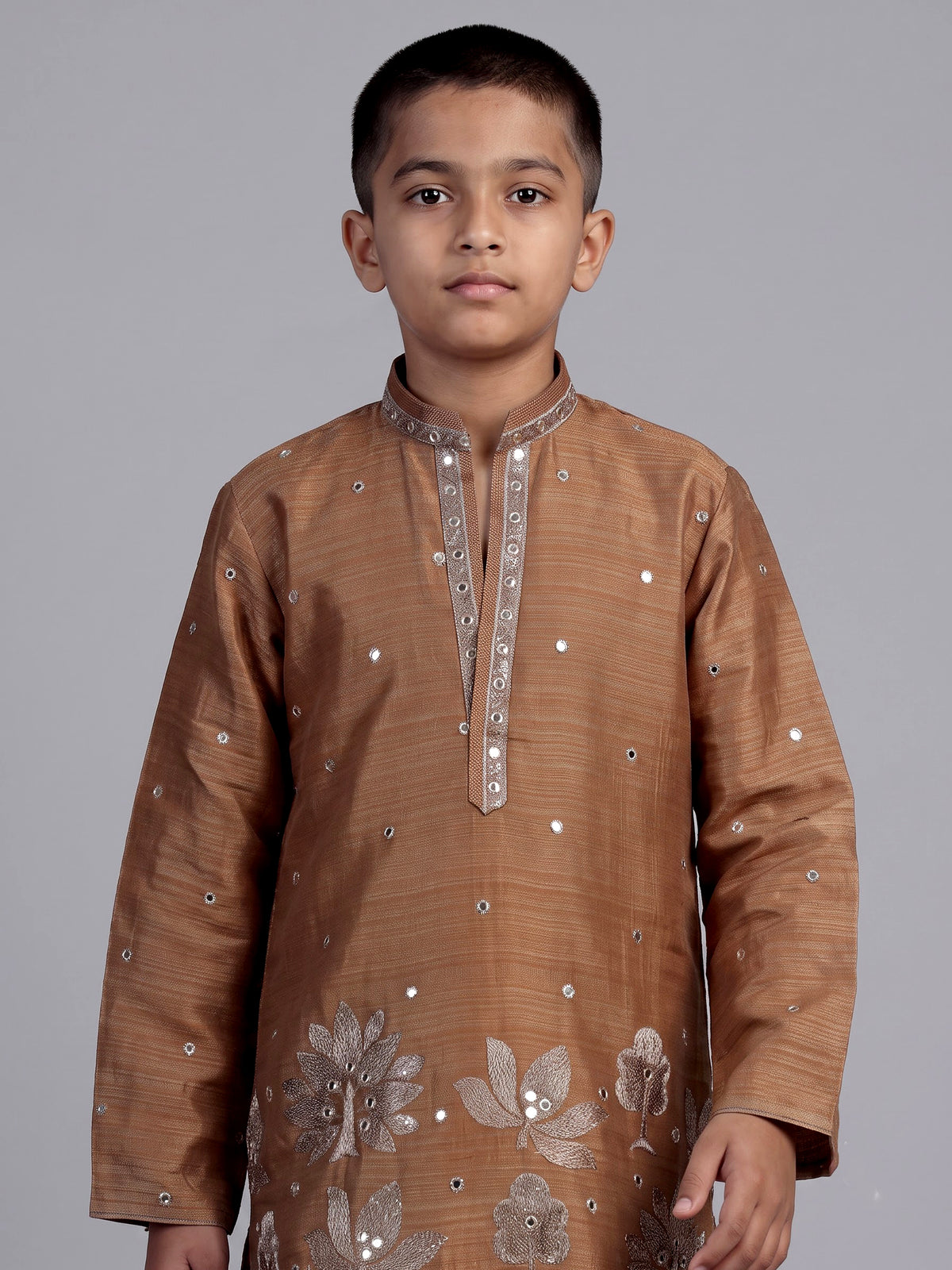 Brown heritage tree embroidered boys kurta suit