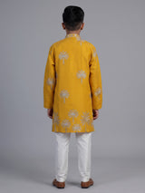 Yellow palm tree embroidered boys kurta suit