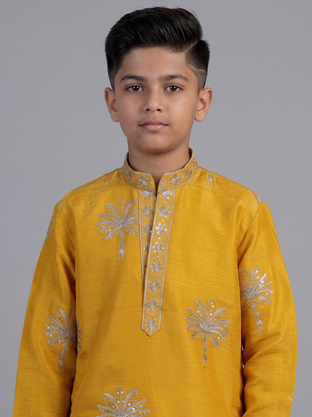 Yellow palm tree embroidered boys kurta suit