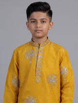 Yellow palm tree embroidered boys kurta suit