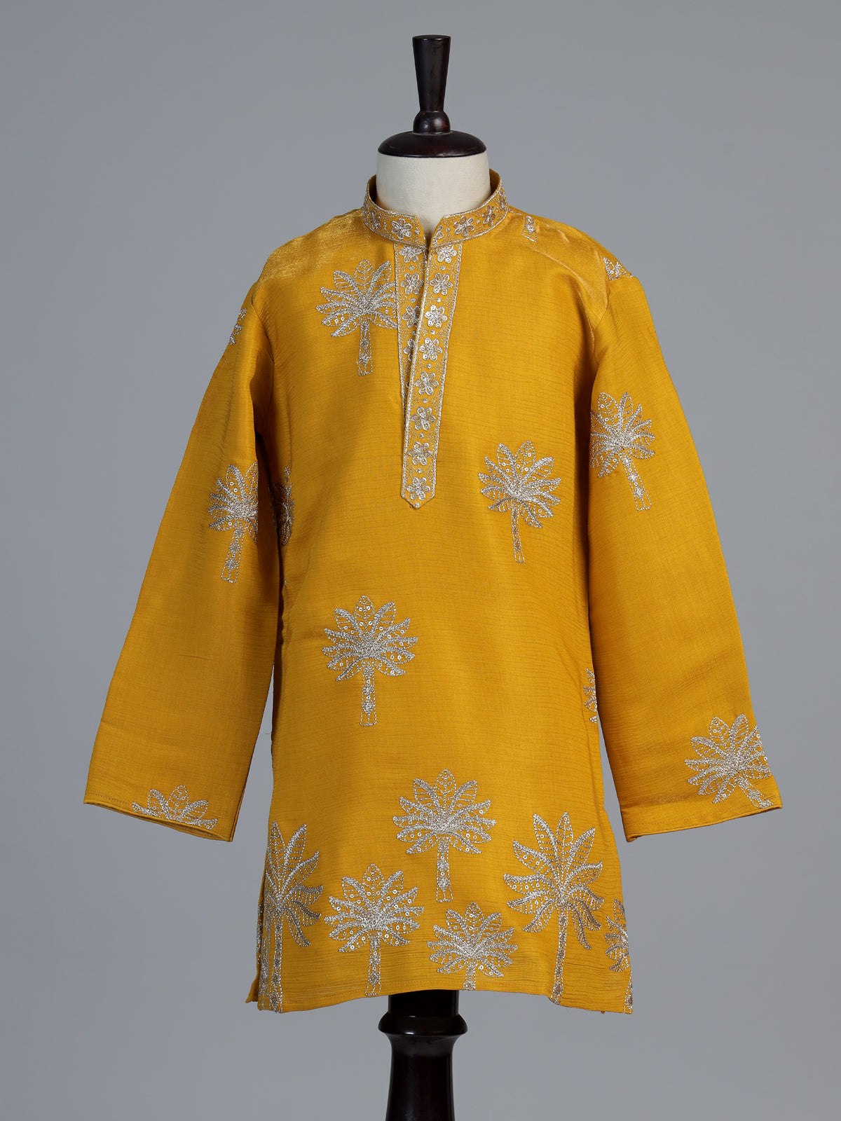 Yellow palm tree embroidered boys kurta suit