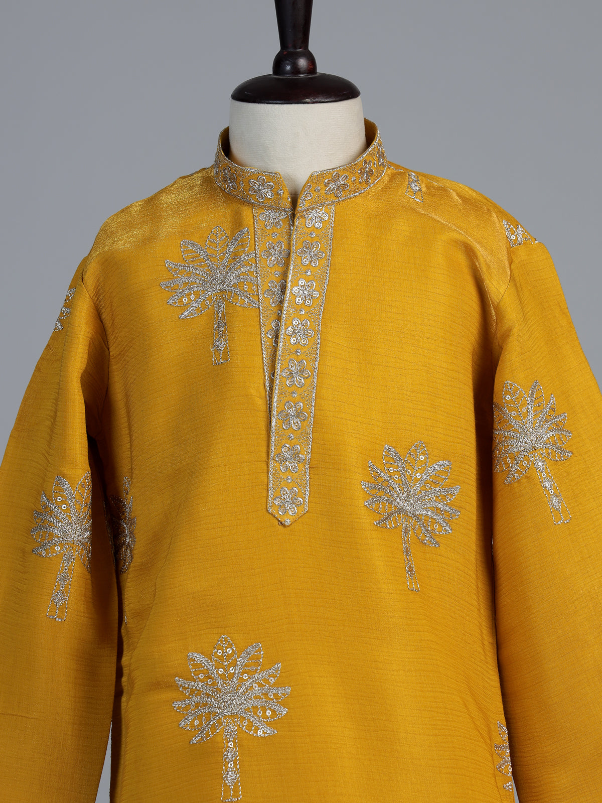 Yellow palm tree embroidered boys kurta suit