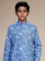 Indigo blue abstract print boys kurta suit