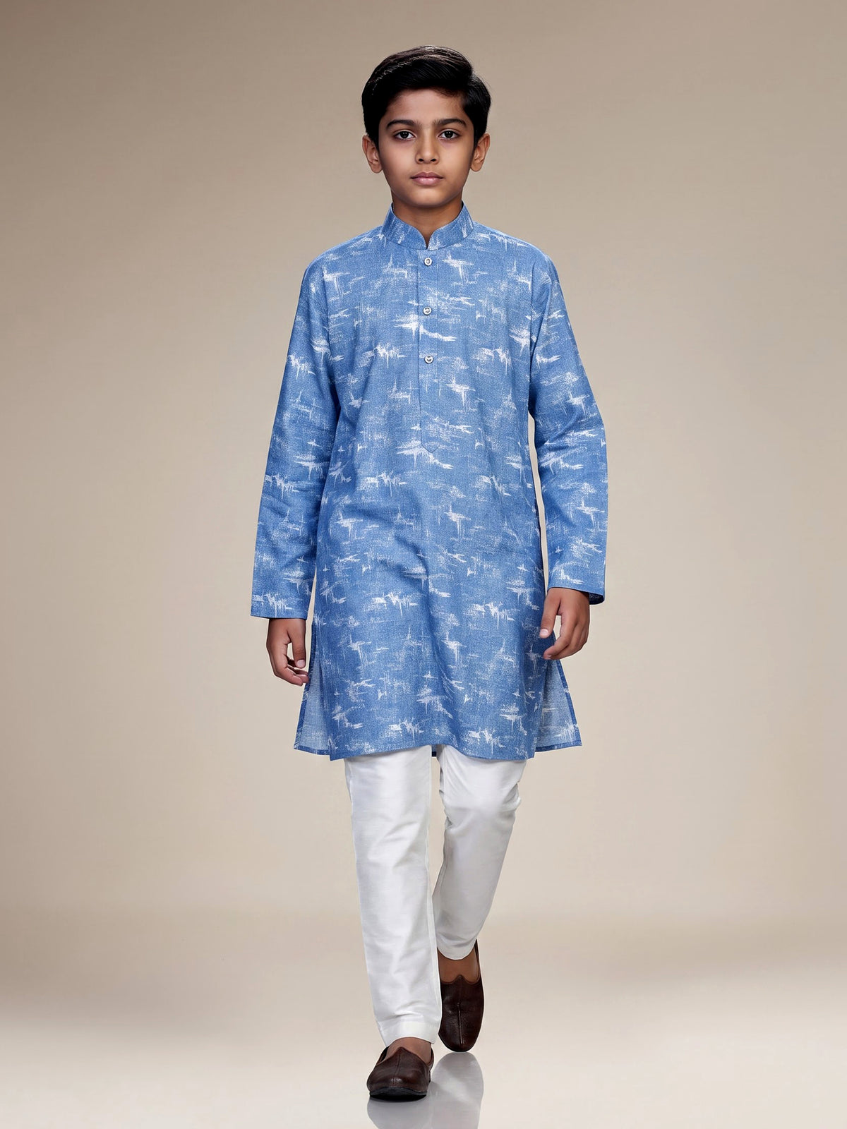 Indigo blue abstract print boys kurta suit