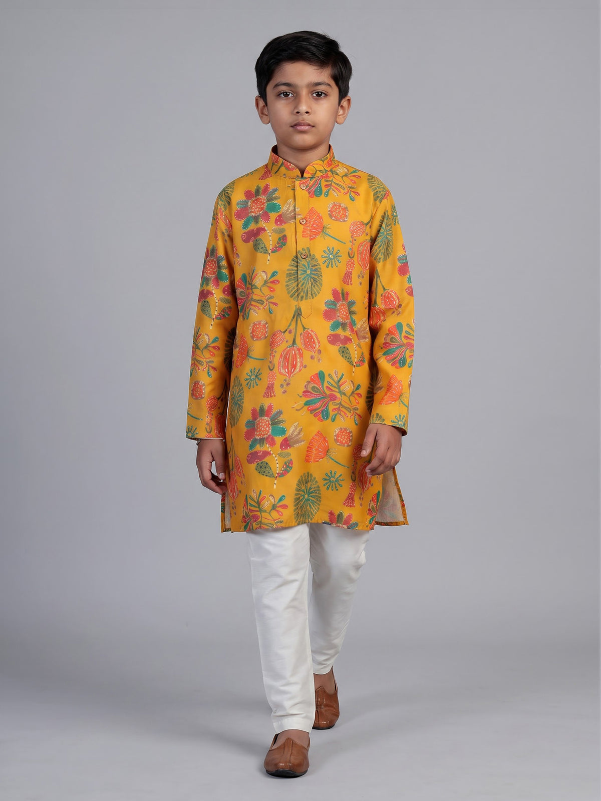Yellow folk floral print boys kurta suit