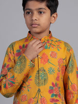 Yellow folk floral print boys kurta suit