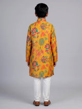 Yellow folk floral print boys kurta suit